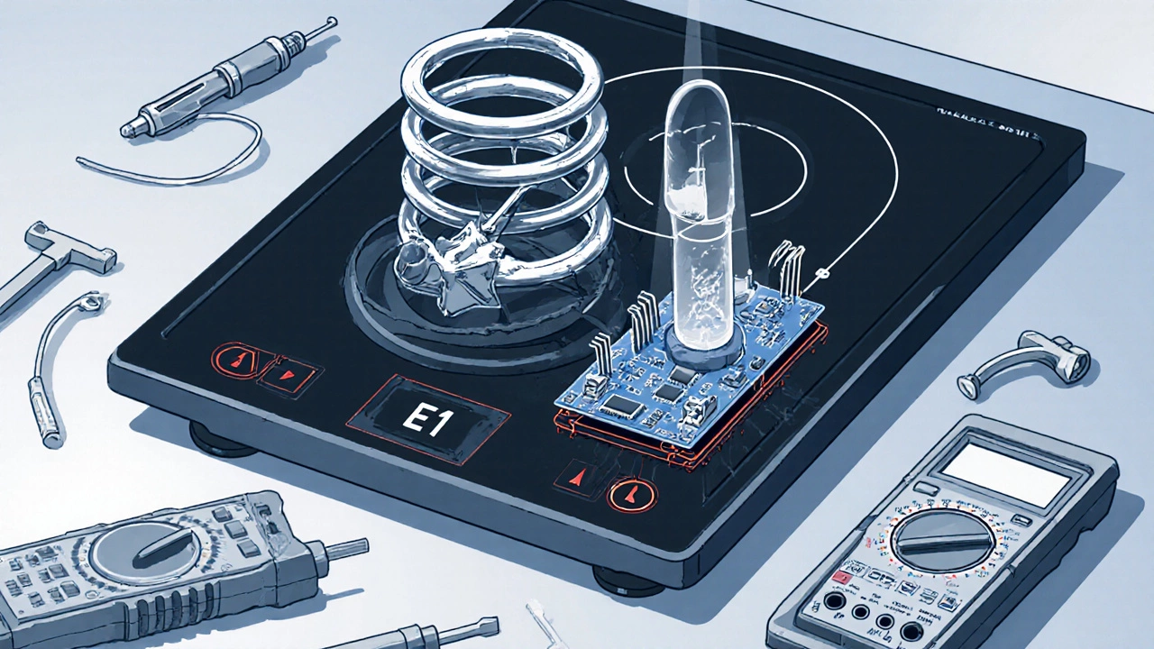 Cutaway diagram of an induction hob showing a broken coil and error code E1 with diagnostic tools.
