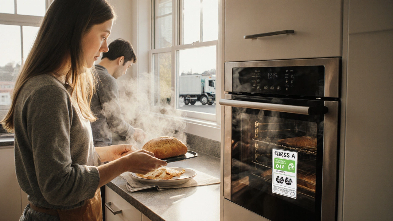 Family cooking with a new energy-efficient oven in a sunlit modern kitchen.
