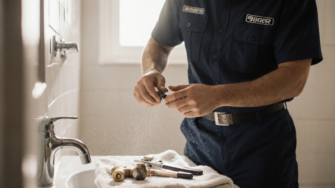 Plumber replacing a shower mixing valve with tools in a bathroom.