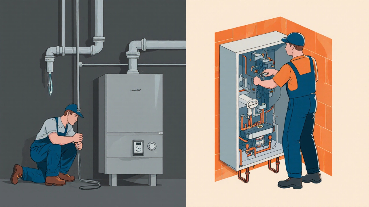 Split image: plumber fixing a pipe vs. gas technician servicing a boiler&#039;s internal components.