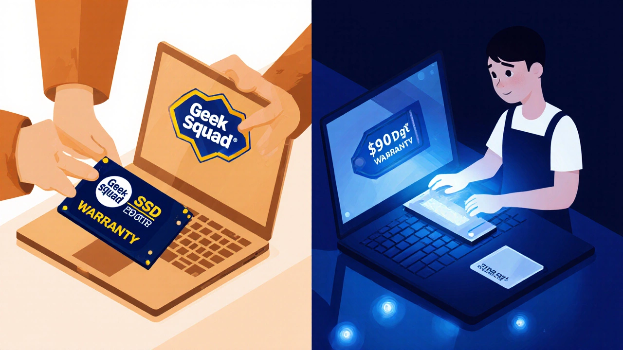 Split scene comparing Geek Squad and local repair shop laptop repairs