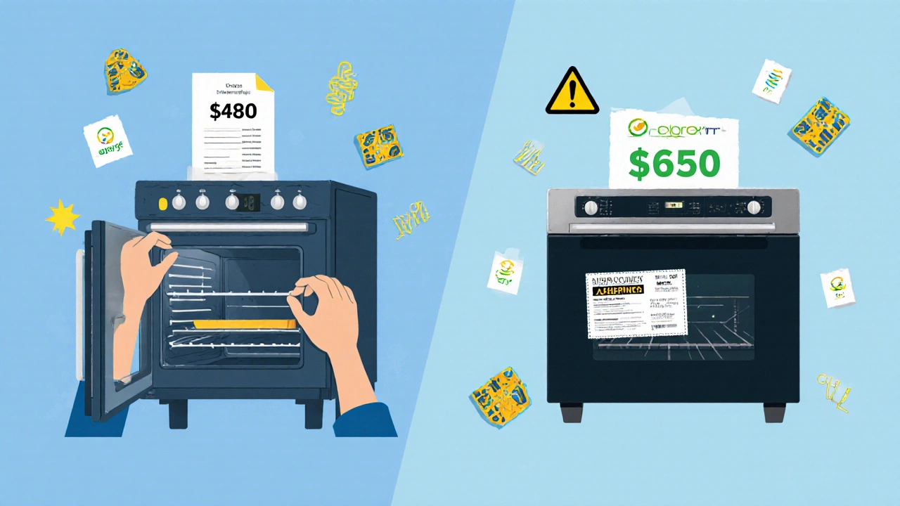 Split-screen comparison: repair costs vs. new energy-efficient oven with rebate.