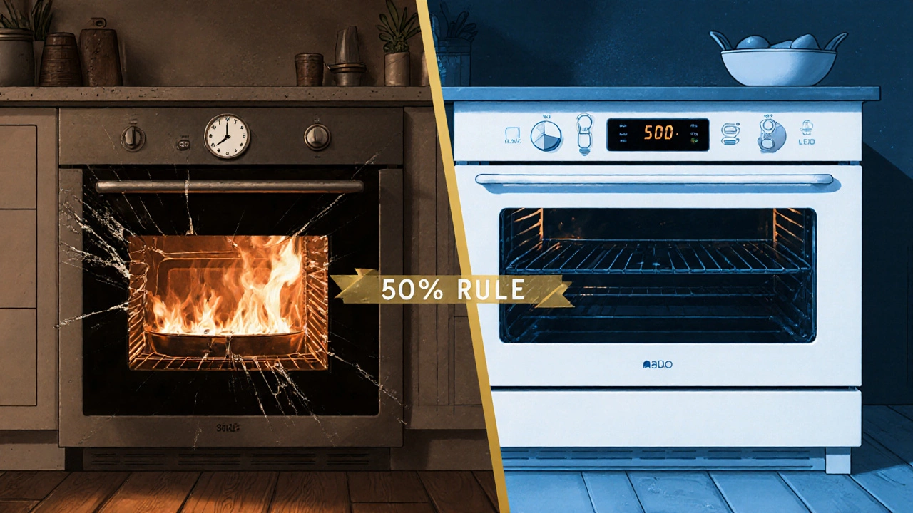 Split view comparing a failing old oven to a modern energy-efficient model.