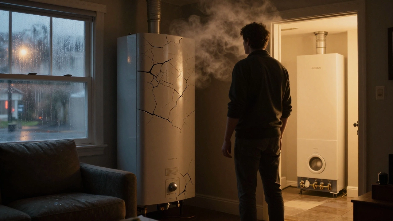 A homeowner in a cold winter room staring at a failing boiler, while a new one glows warmly in the doorway.