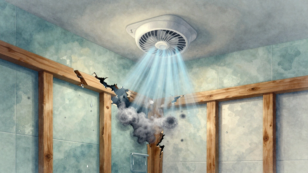 A modern extractor fan floating above a crumbling bathroom wall, pushing back mold with clean air.