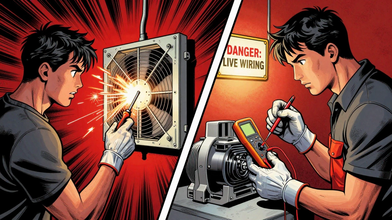 A split scene showing a risky DIY repair versus a professional technician safely testing a fan.
