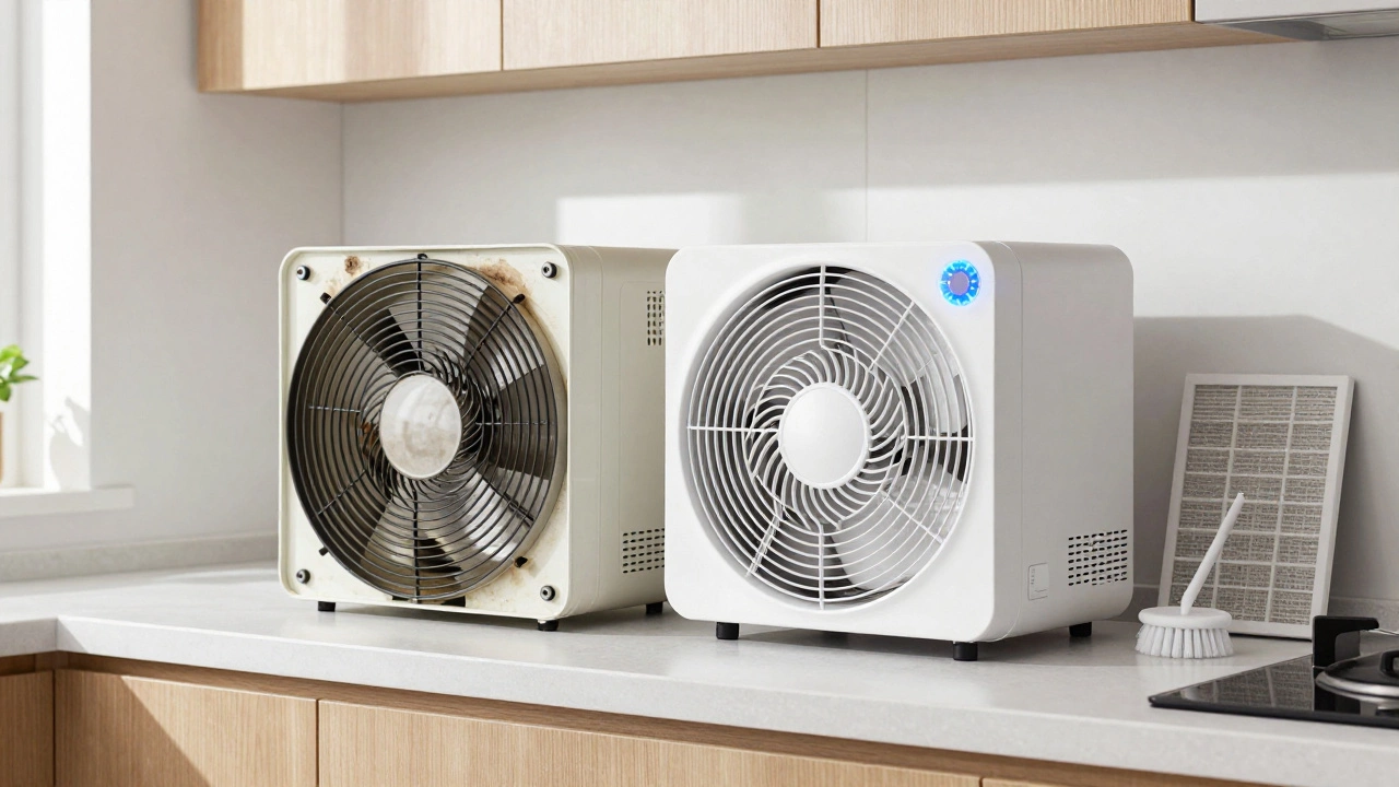 An old, grimy extractor fan next to a sleek new model on a kitchen counter, symbolizing upgrade and renewal.