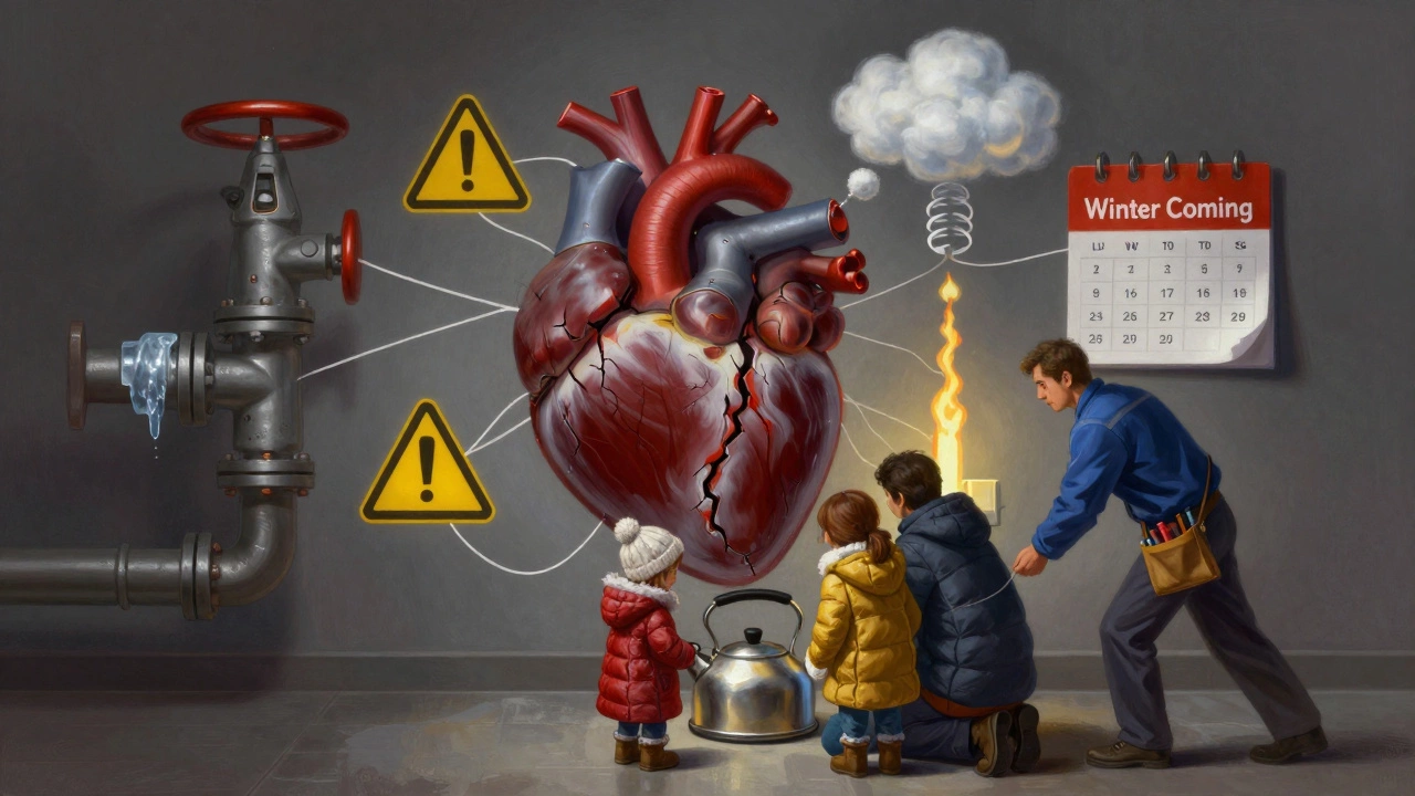 Cracked boiler with warning symbols, family using kettle in winter, technician approaching.