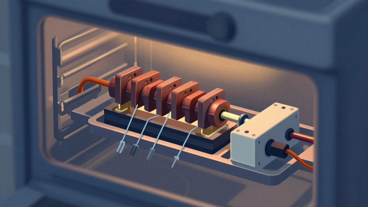 Cross-section diagram of electric oven components with labeled thermal fuse, sensor, and heating elements.