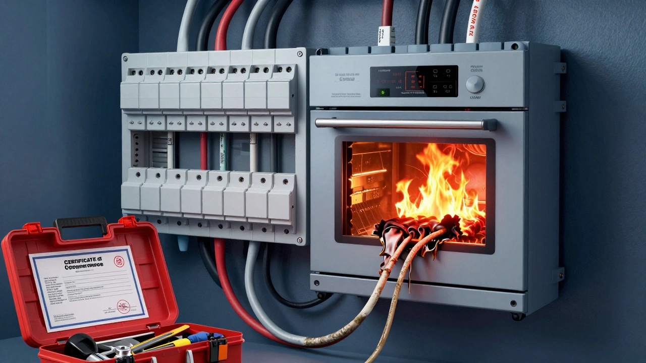 Cross-section of electrical system showing new oven wiring versus old overheating cables, with safety certification visible.