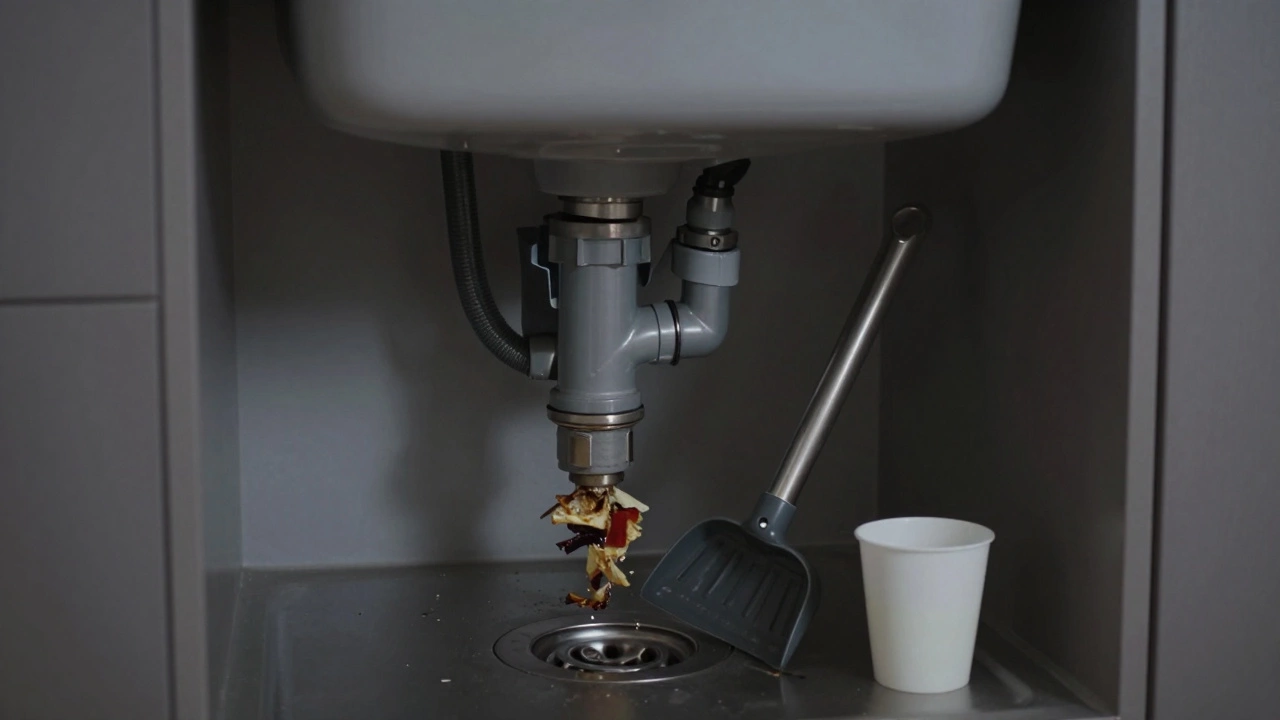 Cross-section of kitchen drain system showing clog in pipe with plunger and vinegar nearby.