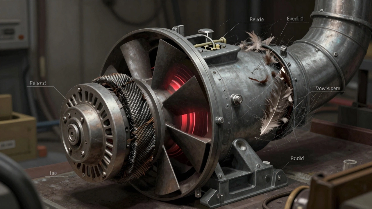 Cutaway view of a malfunctioning extractor fan showing dirty blades, worn motor brushes, and a blocked duct.