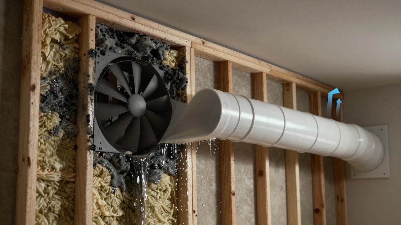 Cutaway view showing mold damage from improper fan venting versus clean proper installation.