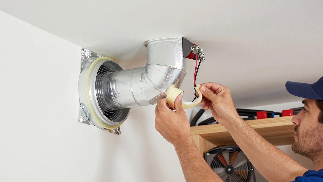 DIYer sealing rigid aluminum duct from extractor fan to exterior wall with foil tape.