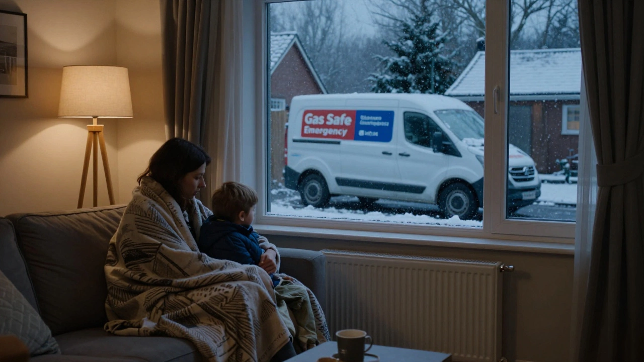 Family warm under blankets indoors as emergency van arrives at home in snowy winter night.