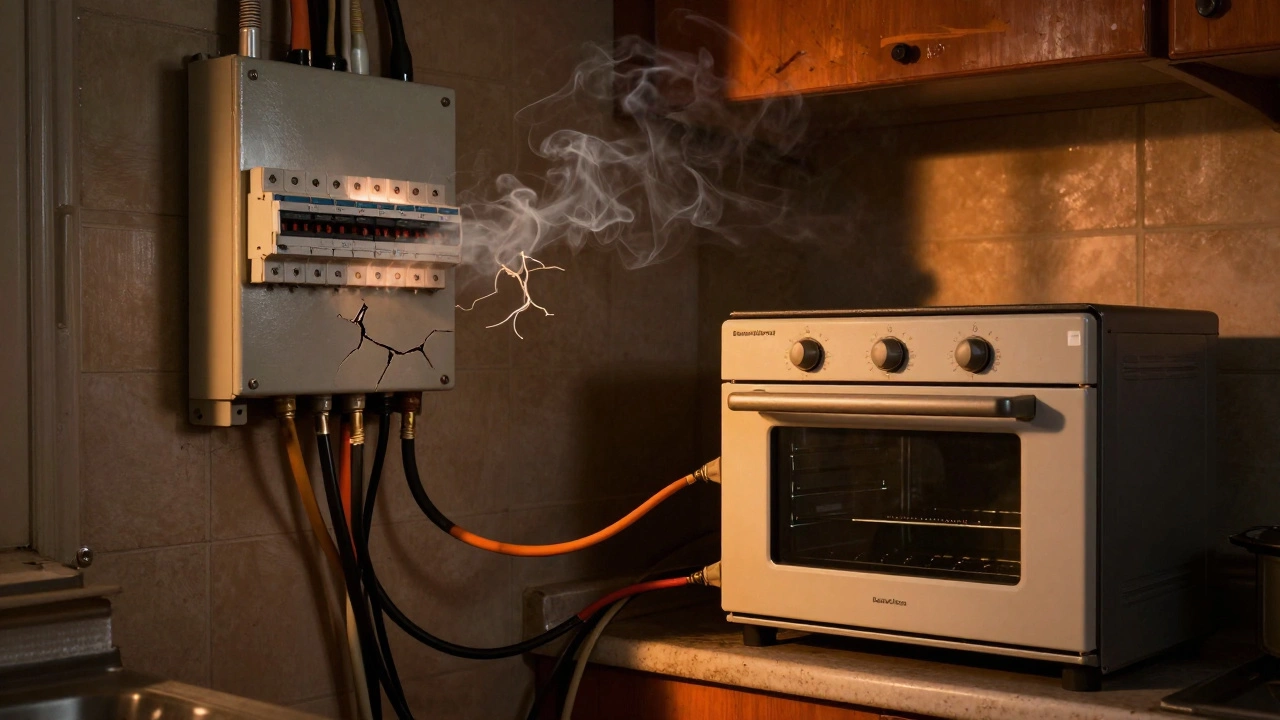 Frayed old wiring in a vintage kitchen overheating near an unused oven, showing electrical danger.
