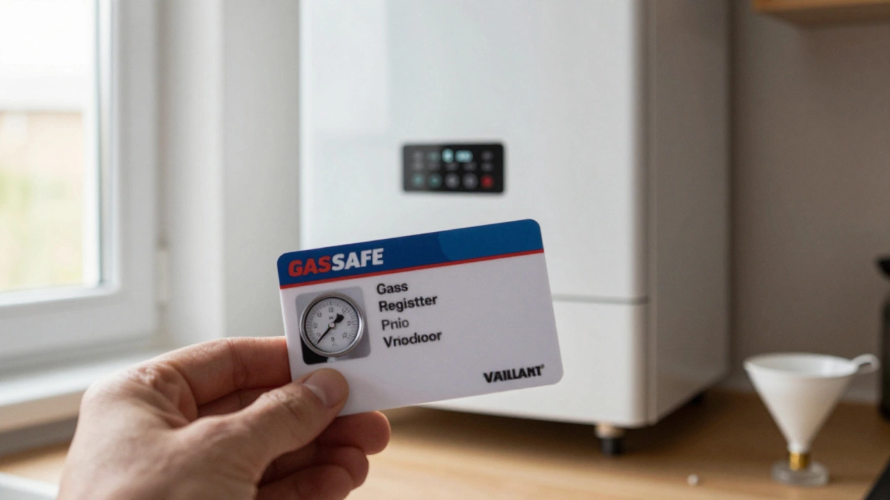 Gas Safe engineer's ID card beside a boiler with pressure gauge at 1.2 bar and funnel for repressurizing.