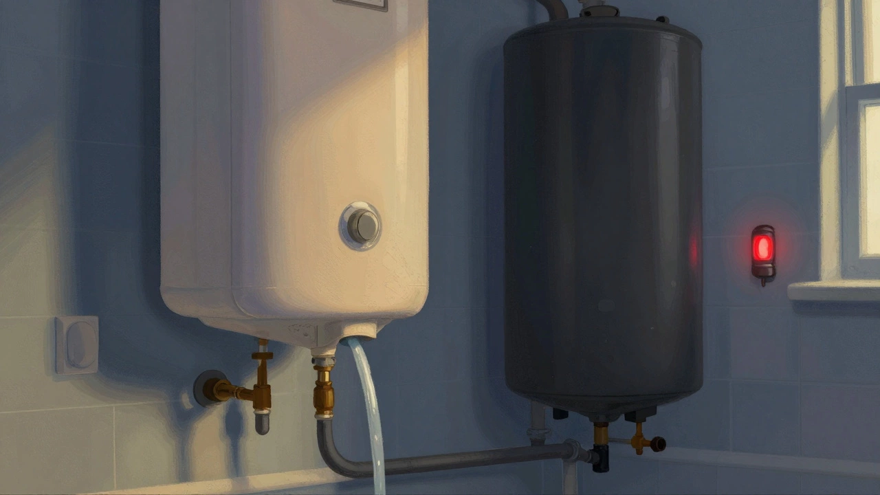 Hot water cylinder draining as boiler sits silent, electric immersion heater glowing faintly in background.