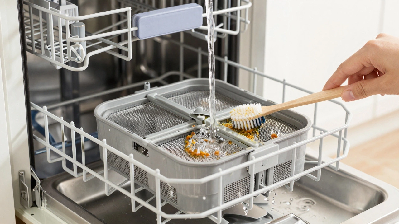 Inside a dishwasher showing a filter being rinsed under water with food debris visible.
