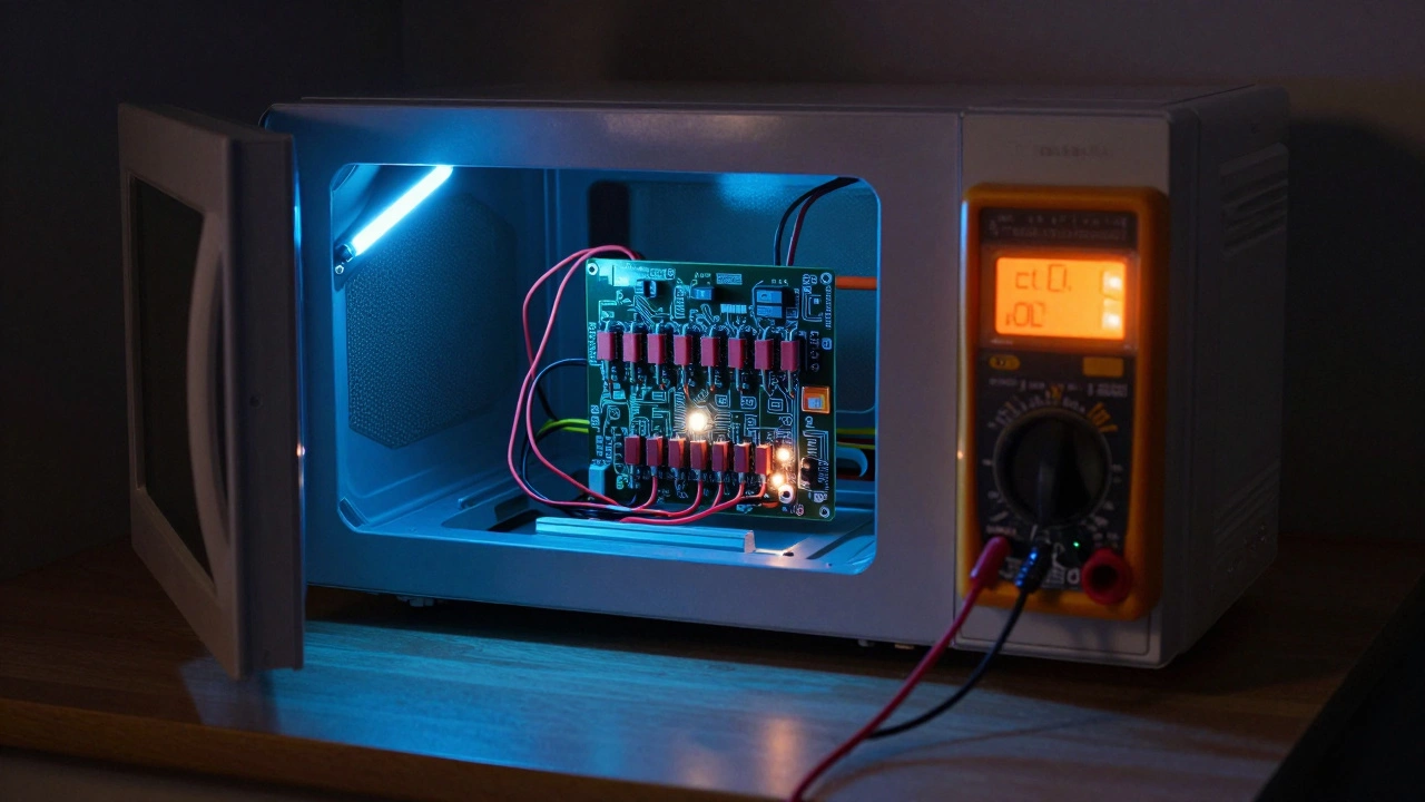 Multimeter testing a high-voltage diode inside an opened microwave panel.