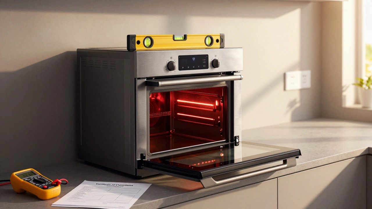 New electric oven with glowing elements and spirit level showing perfect alignment.