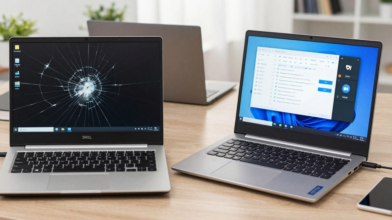 Old cracked laptop next to a modern refurbished one on a desk.