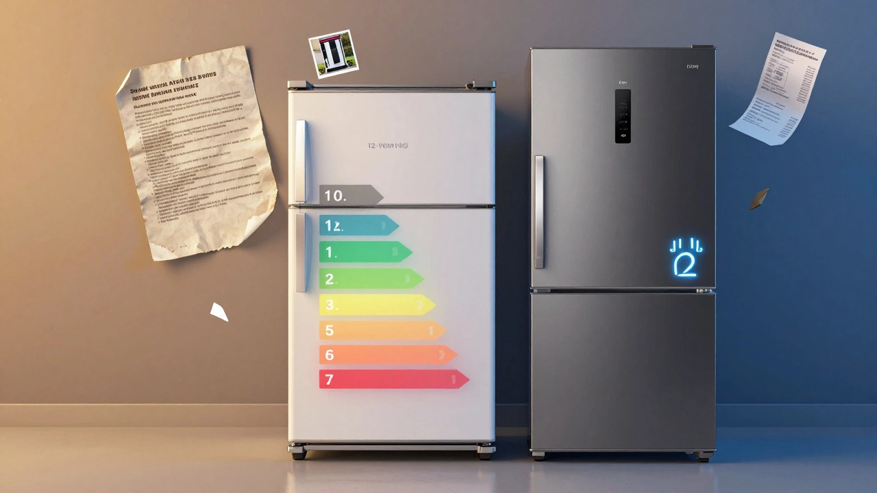 Old refrigerator beside a new one, with a timeline showing rising energy use and repair documents floating nearby.