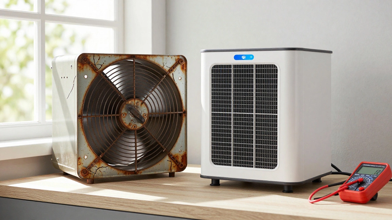 Old rusty fan next to new energy-efficient model on countertop.