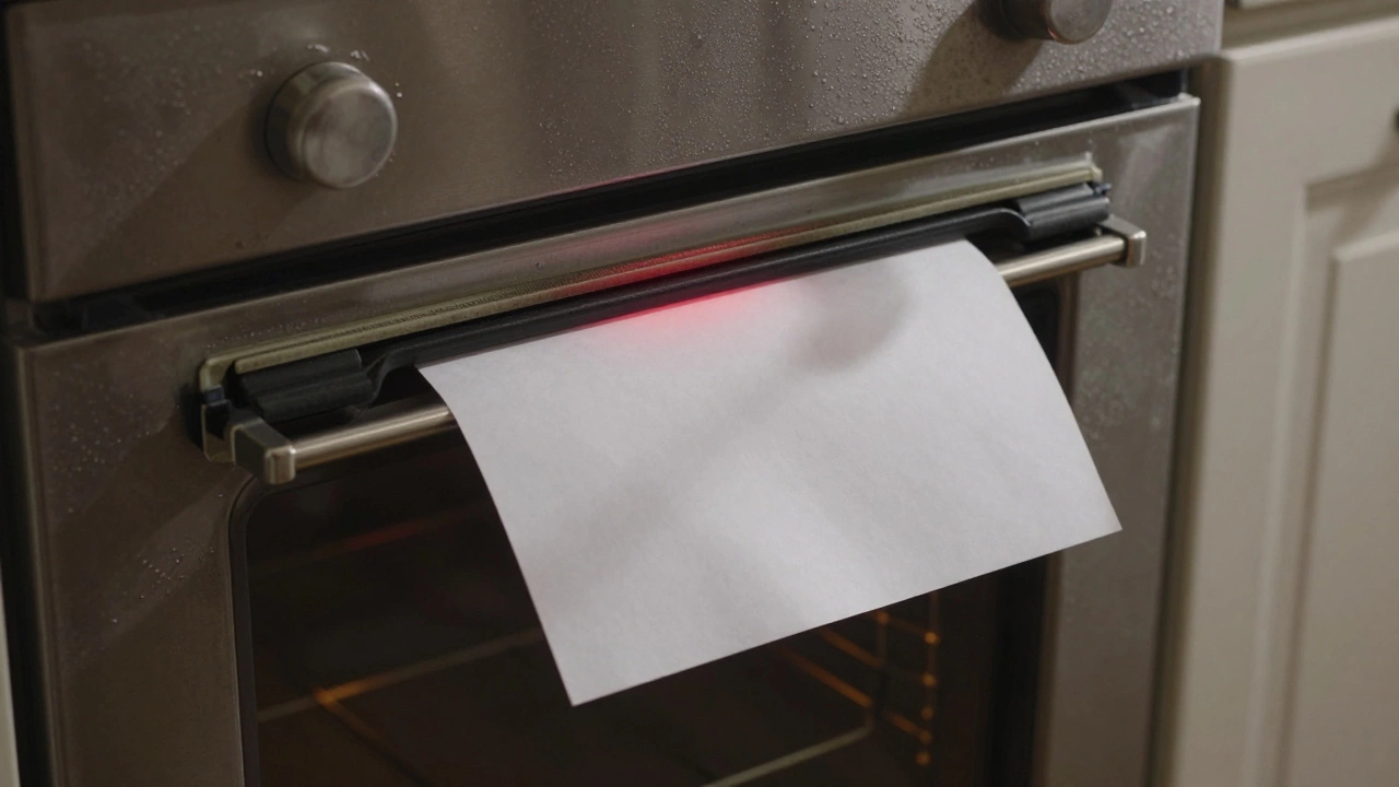 Paper test showing heat escaping from a cracked oven door seal with latch slightly open.