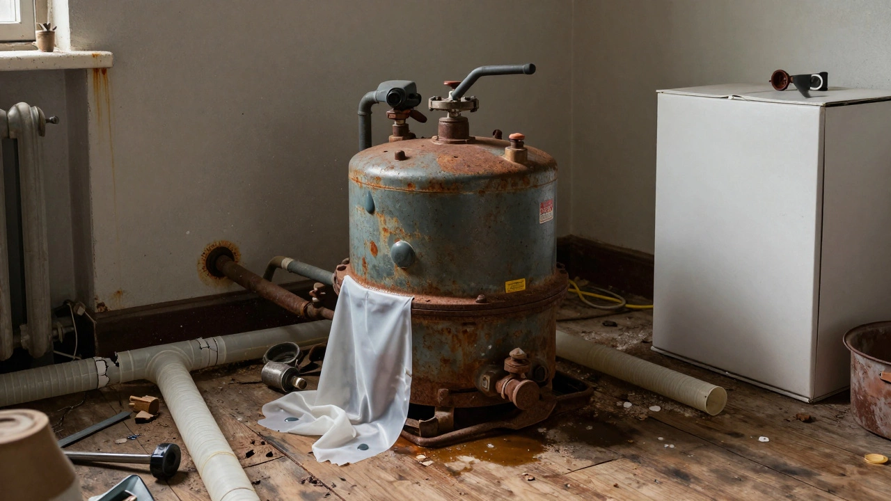 Rusted old boiler on a water-damaged floor with cracked pipes and scattered tools.