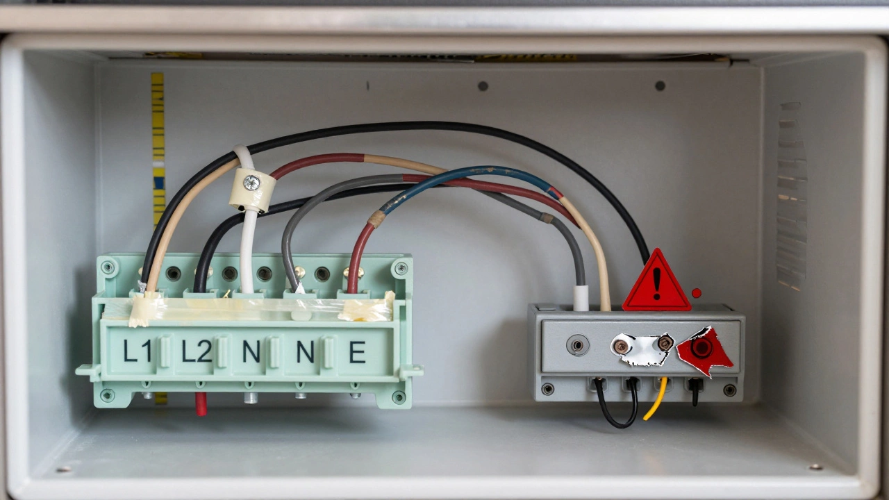 Side-by-side comparison of correct and incorrect oven wiring connections.
