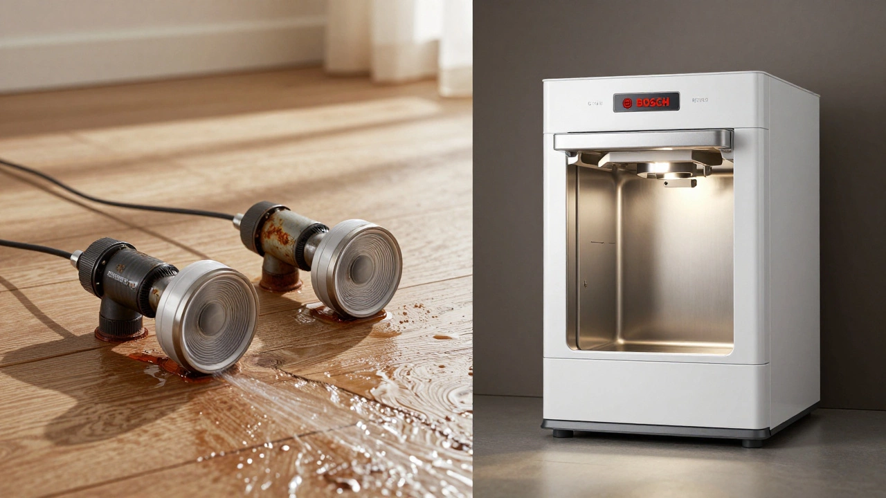 Side-by-side: leaking Bosch 300 Series vs. reliable Miele G 7000 Series in kitchen.
