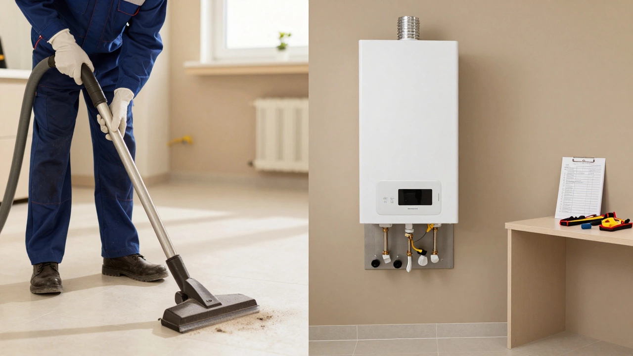 Side-by-side view of a messy boiler removal and a clean, finished installation.