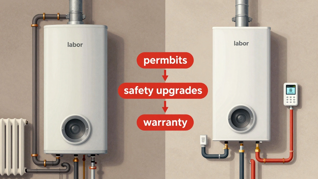 Split illustration showing an outdated boiler system versus an upgraded one with labeled cost components like labor and permits.