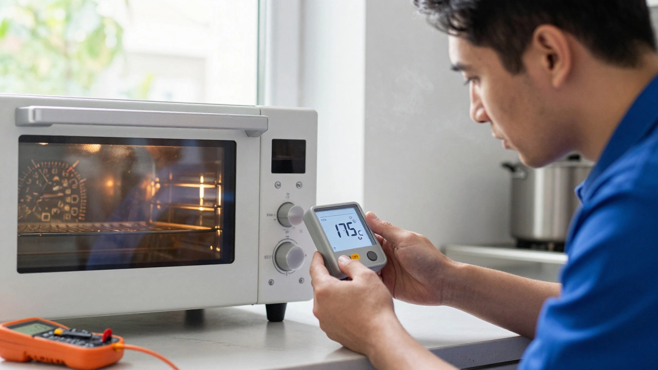 Technician checking oven temperature with a thermometer showing discrepancy.