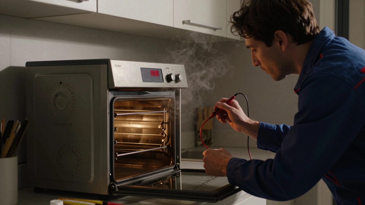 Technician examining a cracked heating element with temperature probe in a kitchen.