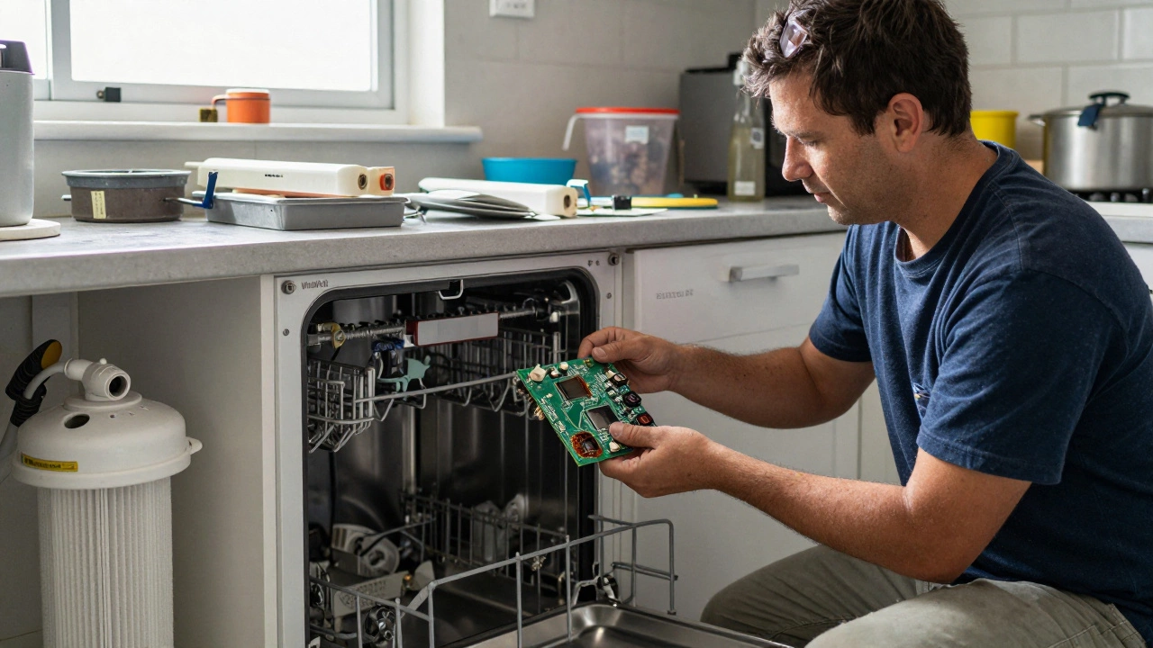 Technician examining a Whirlpool dishwasher with an F1 error code and damaged control board.