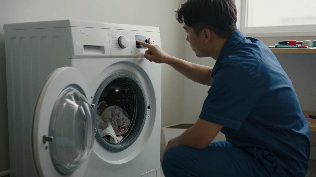 Technician listening to a washing machine with an error code displayed on its control panel.