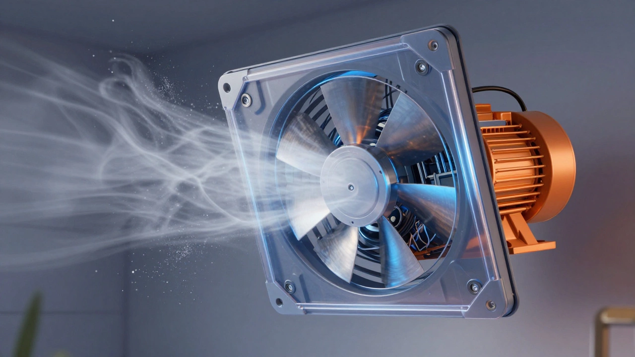 Transparent extractor fan showing clean blades and replaced capacitor.