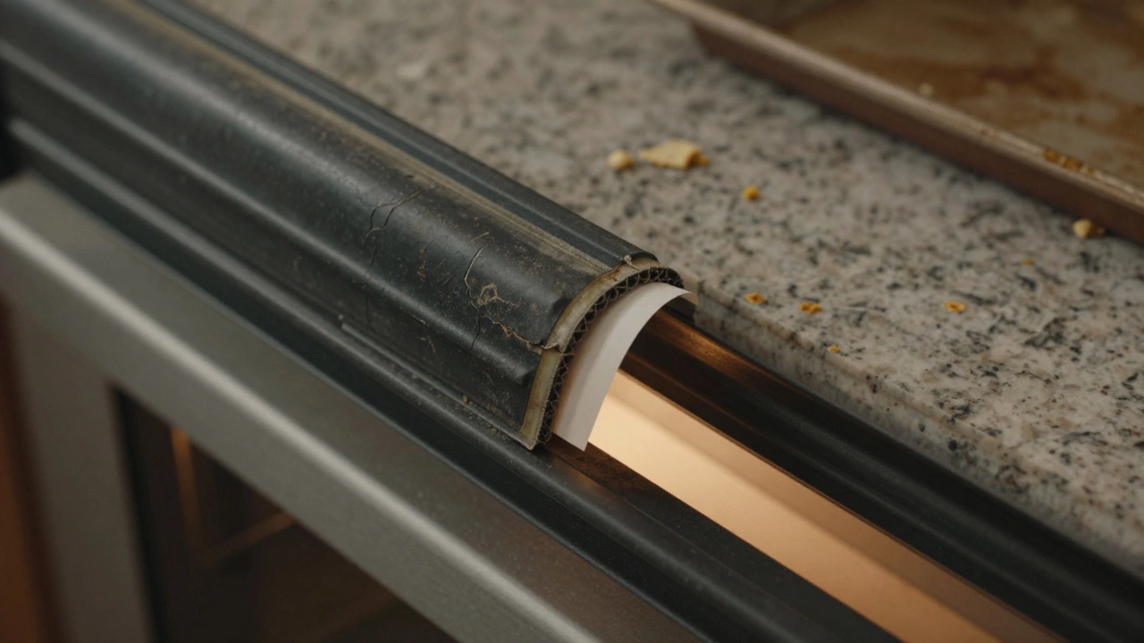 Worn oven door seal with paper sliding out, indicating heat loss.