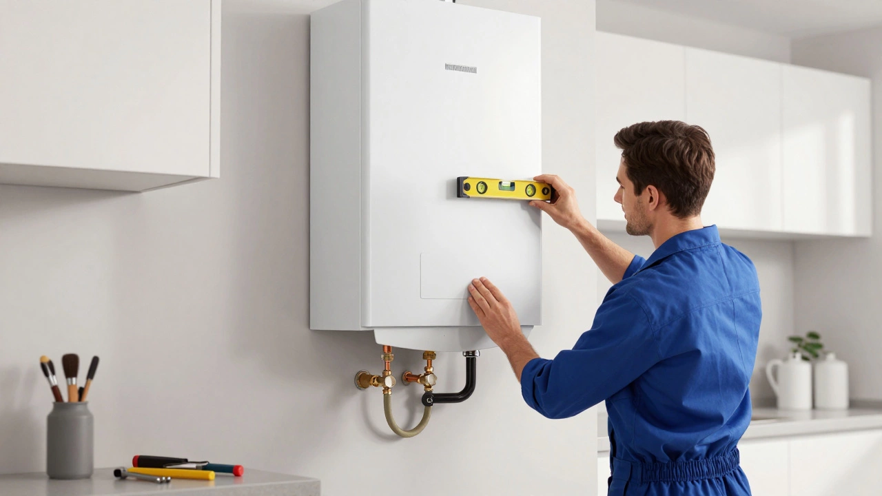 A modern wall-mounted boiler being installed with precise connections and a spirit level in use.