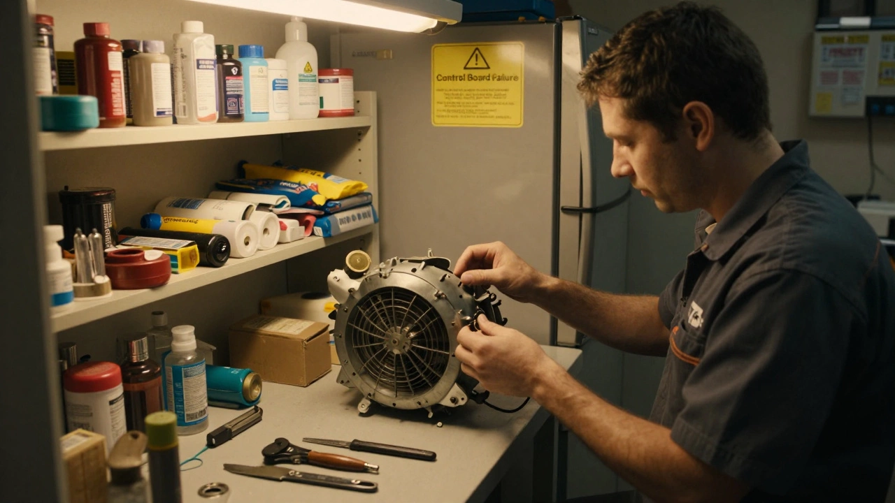 A technician repairing a GE fridge in a workshop, with a faulty Samsung fridge in the background.