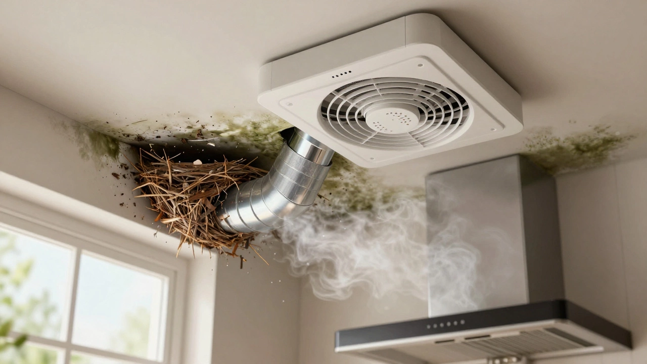 Blocked duct with bird nest and mold, contrasted with new fan installation.