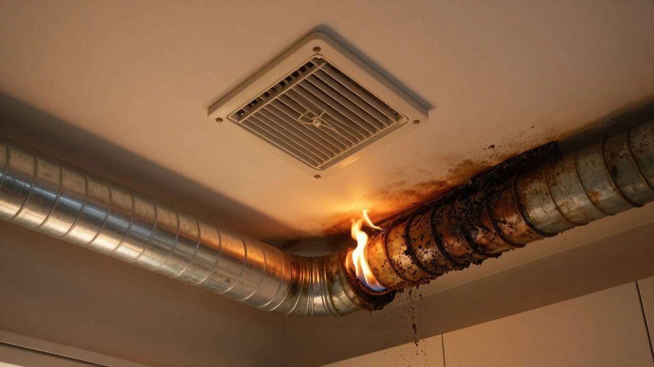 Ceiling vent showing clean duct on one side, greasy clog with small flames on the other.