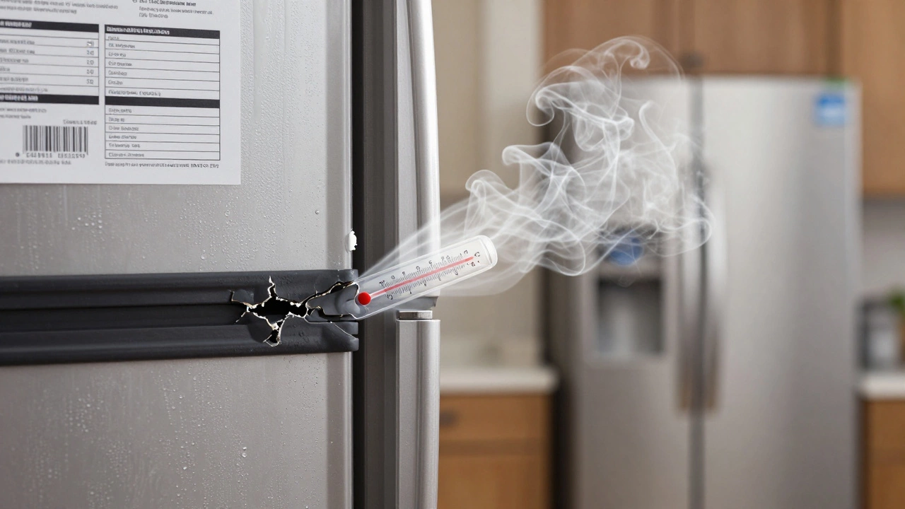 Cracked fridge seal leaking cold air, thermometer showing warm temperature inside.