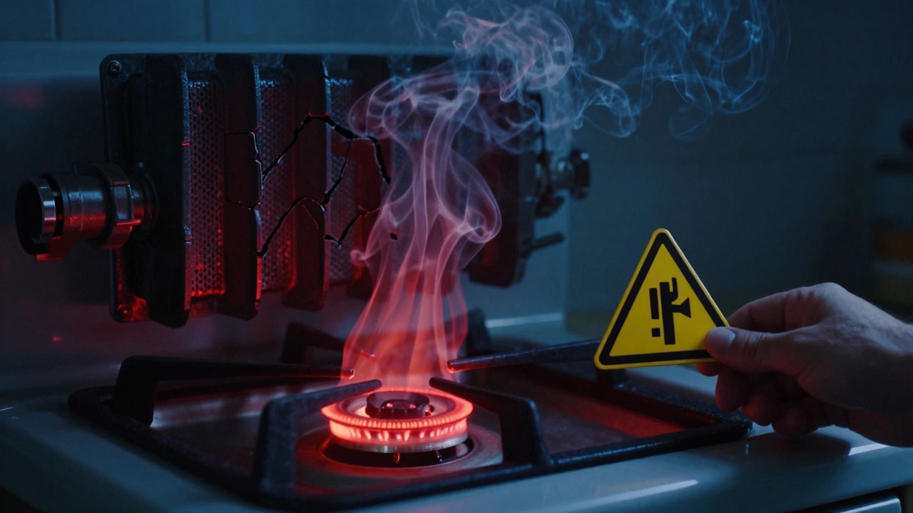 Cracked heat exchanger emitting dangerous gas wisps inside an oven, symbolizing a life-threatening risk.