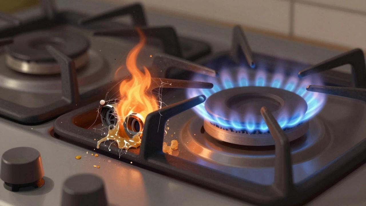 Cross-section of a gas oven burner with clogged ports on one side and clean flames on the other.