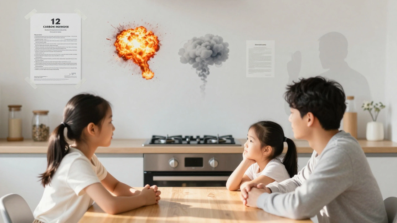 Family at kitchen table with certified gas hob in background, dangers faded in the distance.
