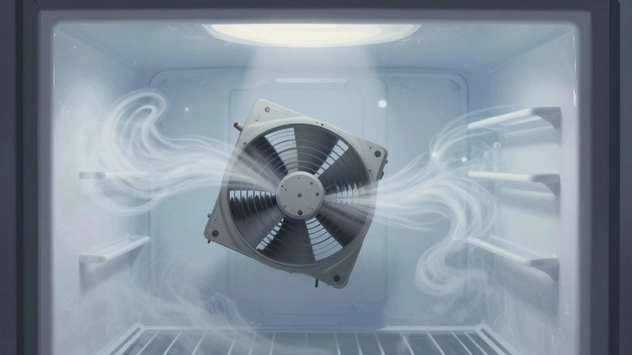 Freezer compartment with broken fan, cold air not circulating to fridge section.