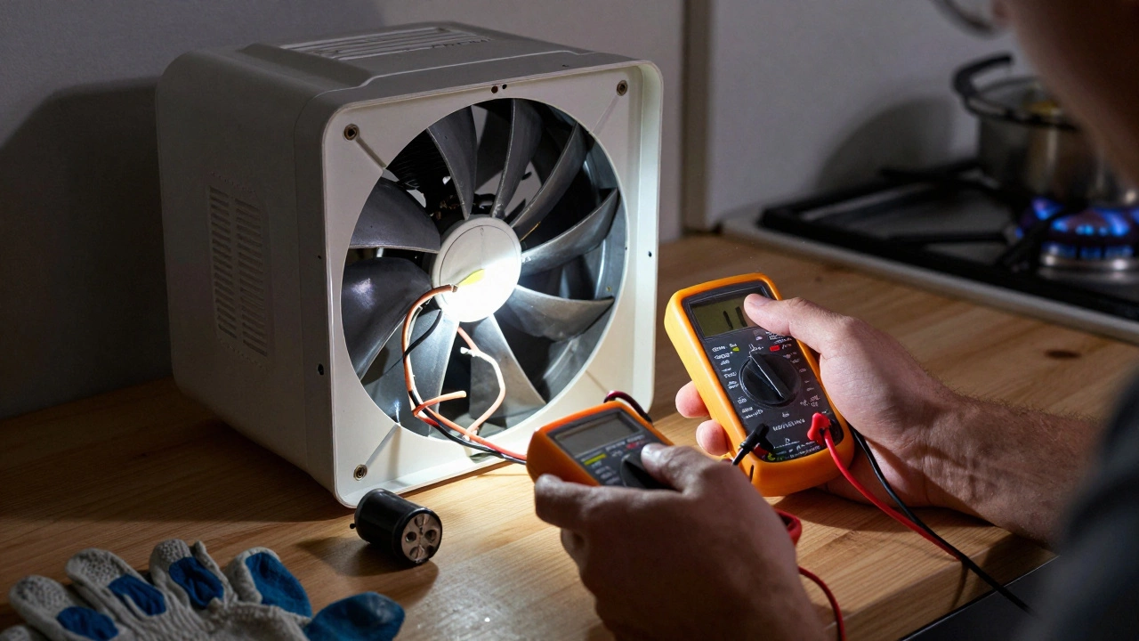 Hand inspecting frayed wiring and capacitor behind a removed extractor fan.